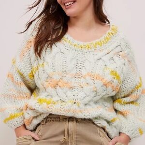 Anthropologie Cream Cable Knit Sweater with Yellow and Peach Accents